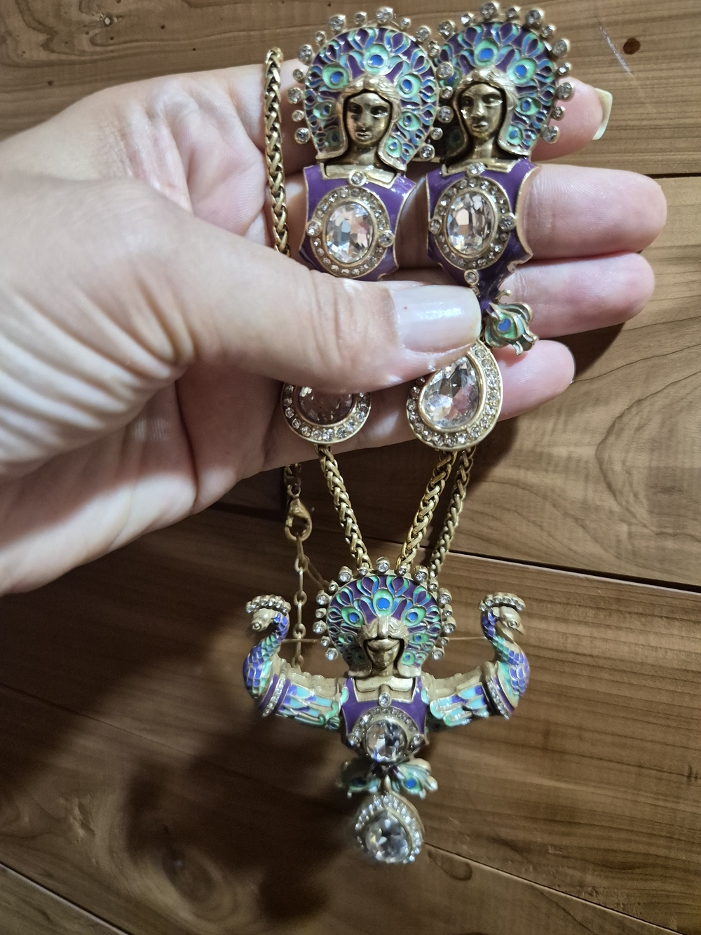 Gold Antique Purple & Teal Statement Necklace - Artful Peacock Motif